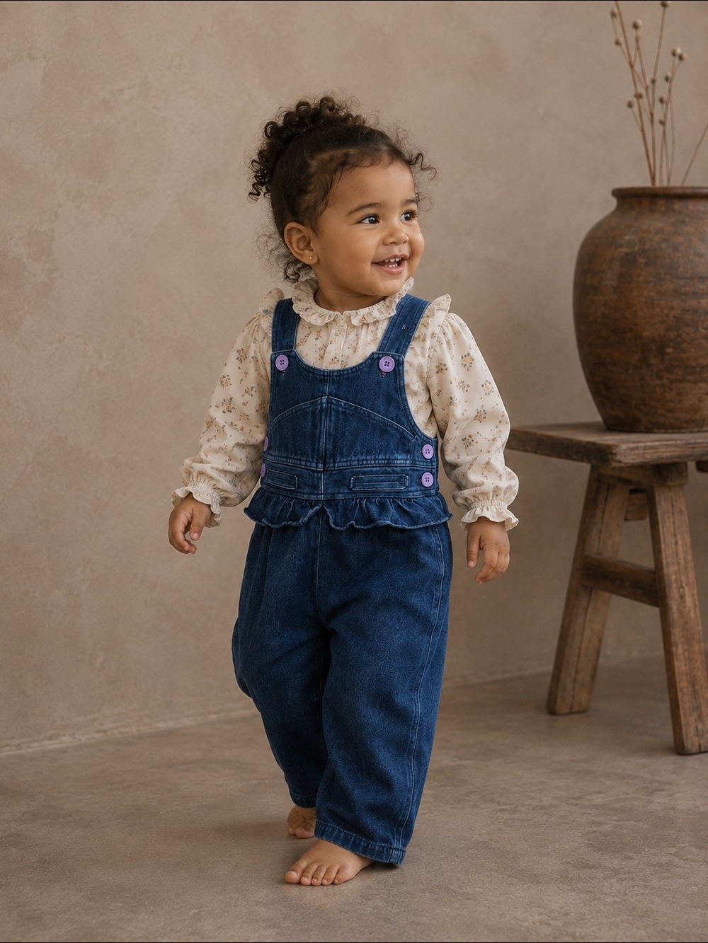 Vintage Yellow Moon Baby Denim Overalls 18M Ruffle Purple Buttons 90s
